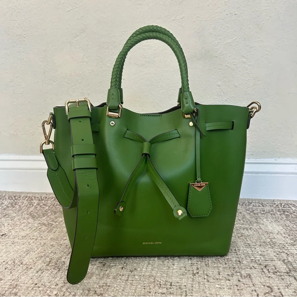 Michael Kors Green Leather Drawstring Satchel with Braided Handles - Picture 1 of 8